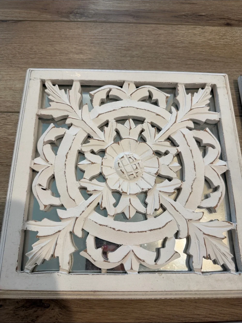 Decorative Carved Floral Rustic Boho Wall Plaques - White. Set of 3. Mirrored.